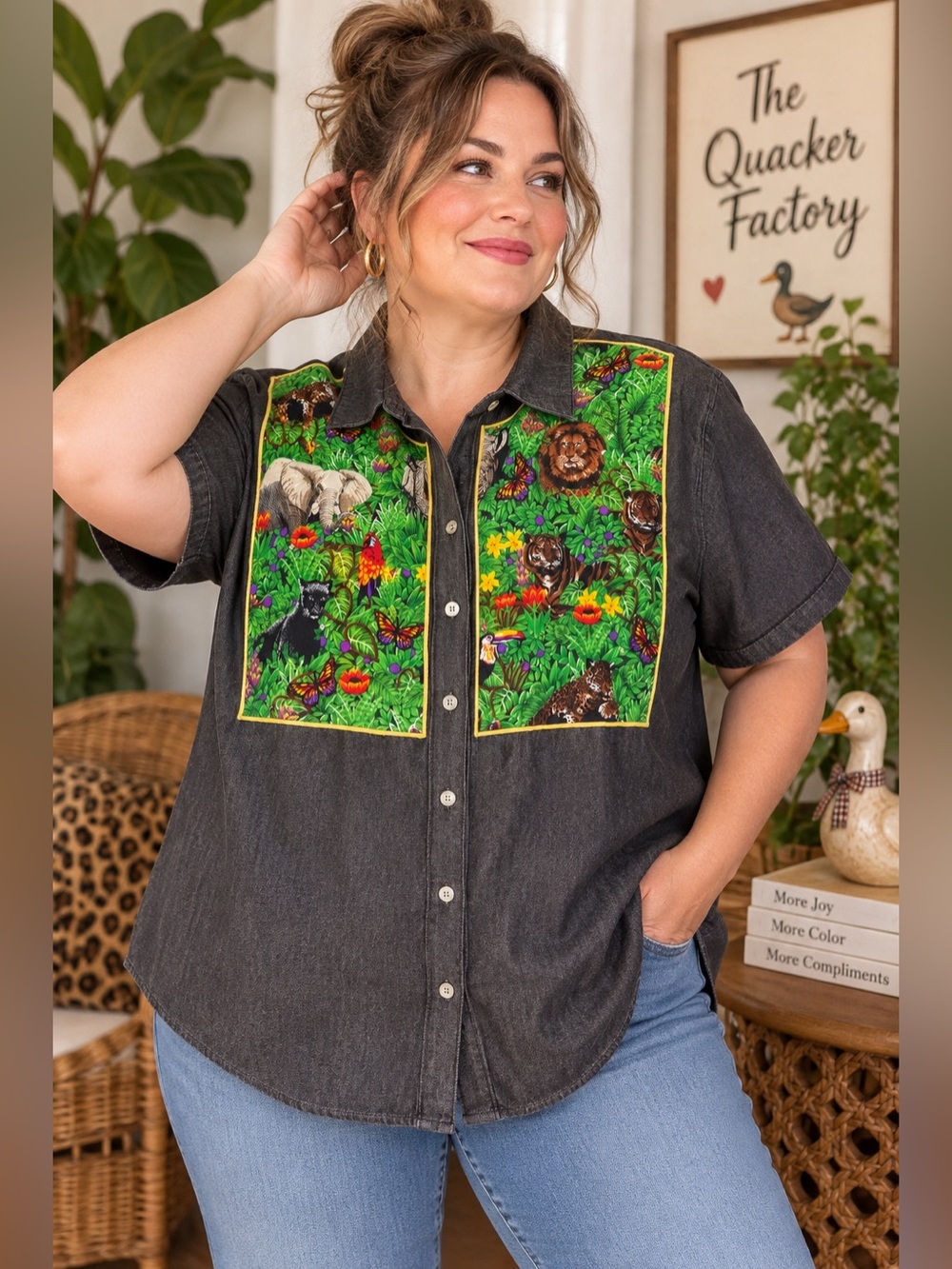 Quacker Factory Black Shirt with Bright Green Wildlife Panels